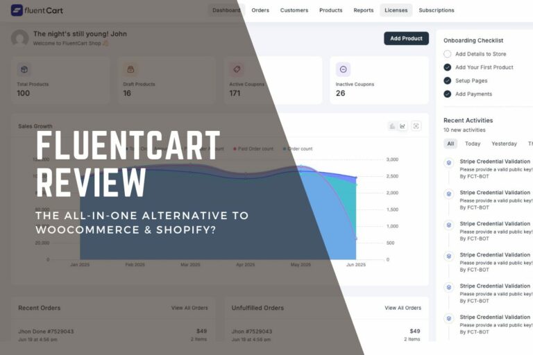 A screenshot of the FluentCart dashboard with statistics, charts, and navigation menus, overlaid by the text “FluentCart Review: The all-in-one alternative to WooCommerce & Shopify?”.
